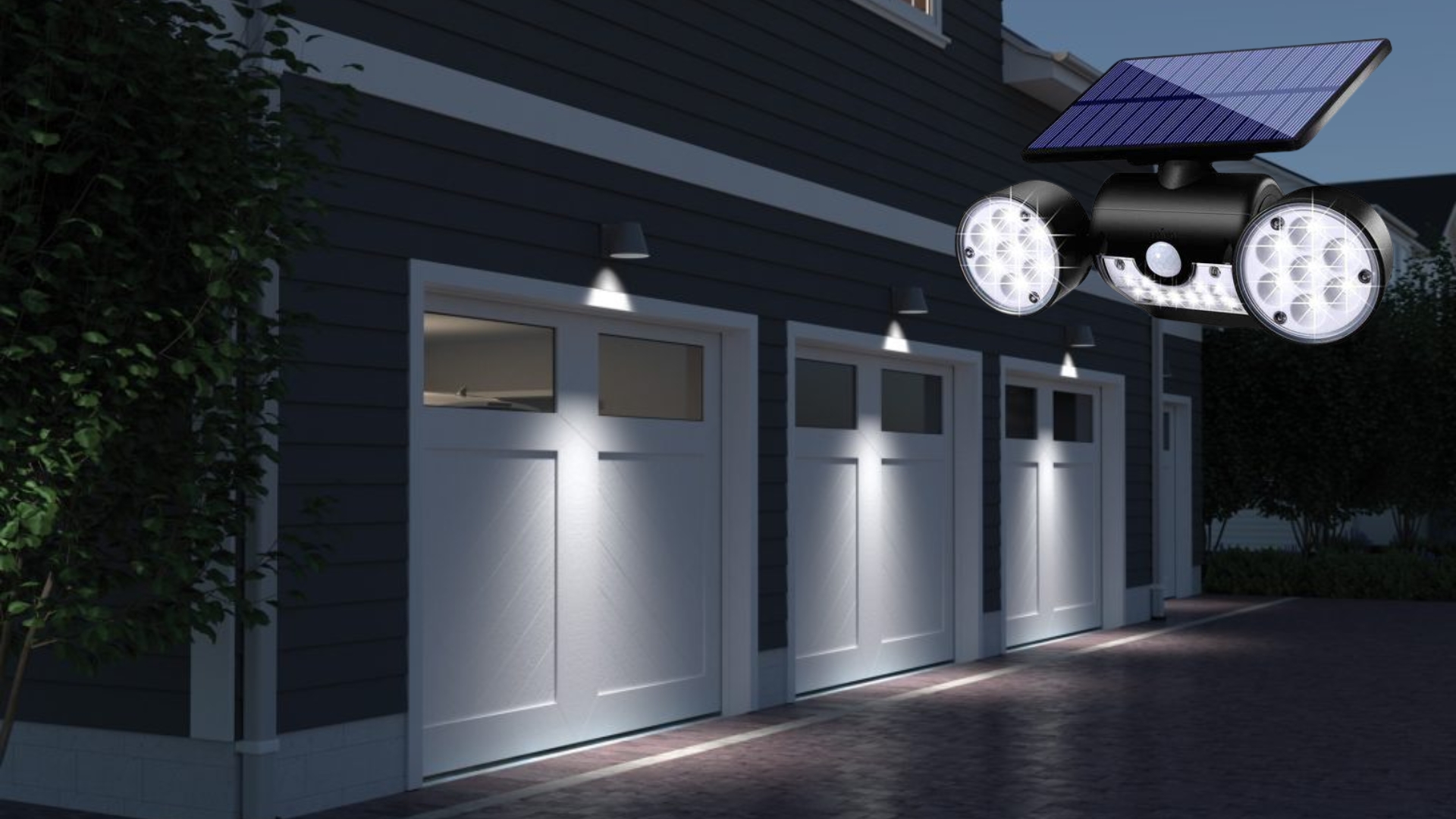 Solar-powered outdoor lights ensure enhanced garage door security.