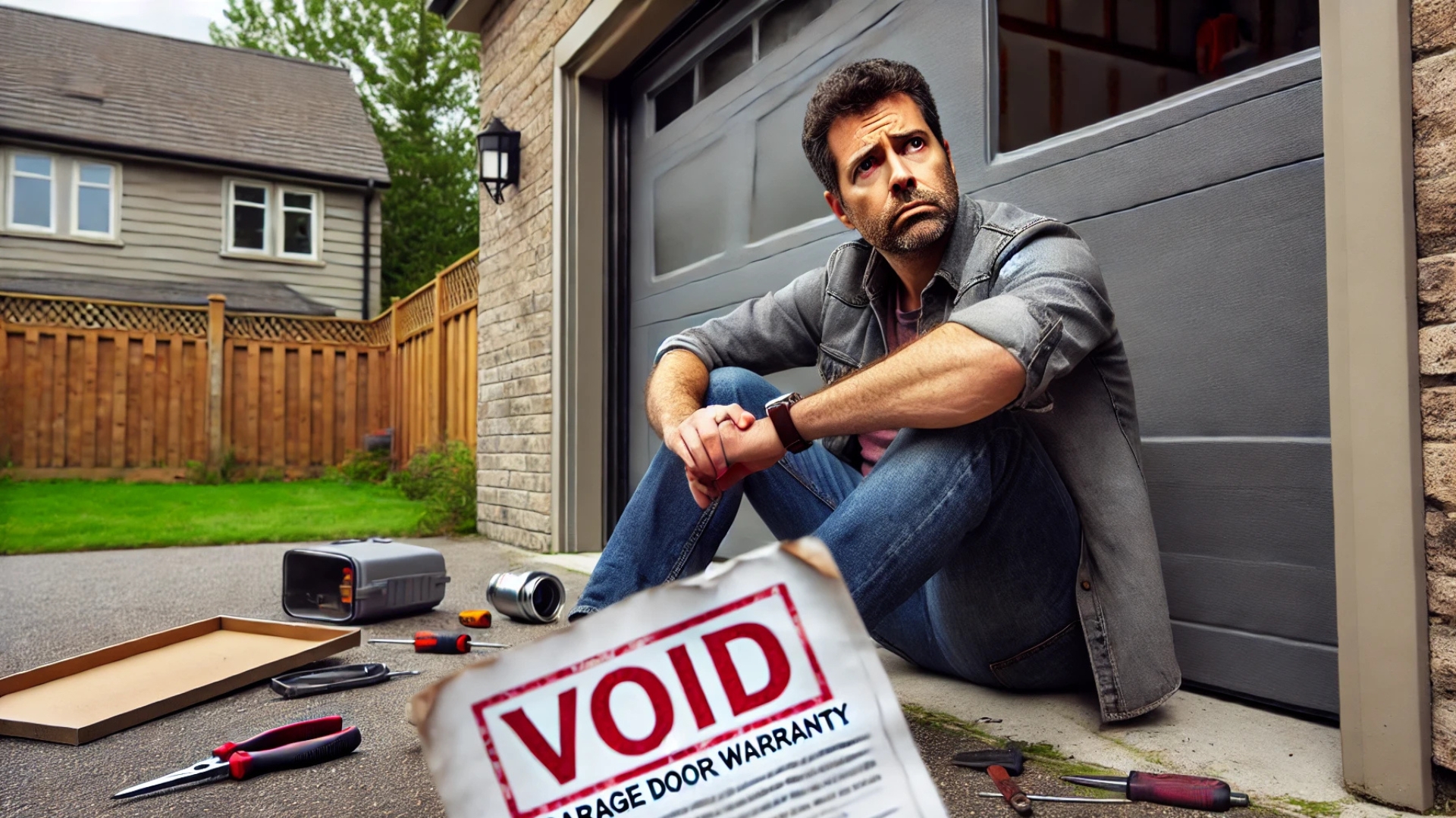 A man upset about voiding his garage door warranty after DIY repairs