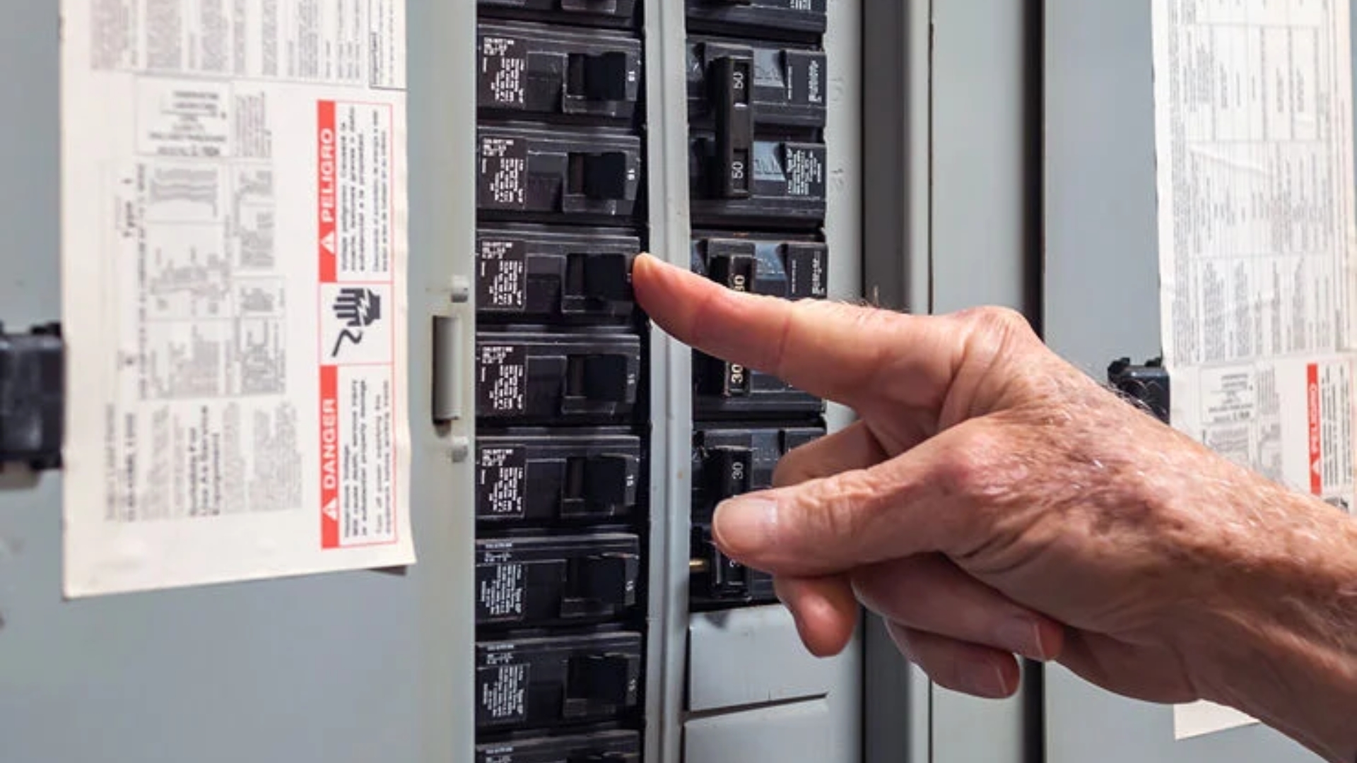 Troubleshooting a garage door emergency by inspecting the breaker box.