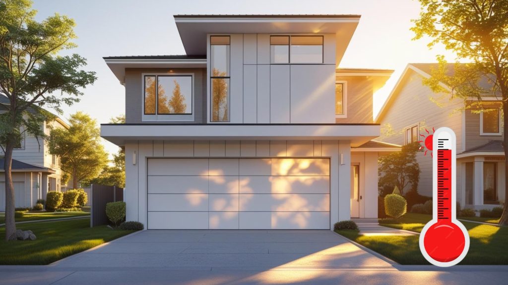 A modern insulated garage door on a contemporary home in hot Houston weather
