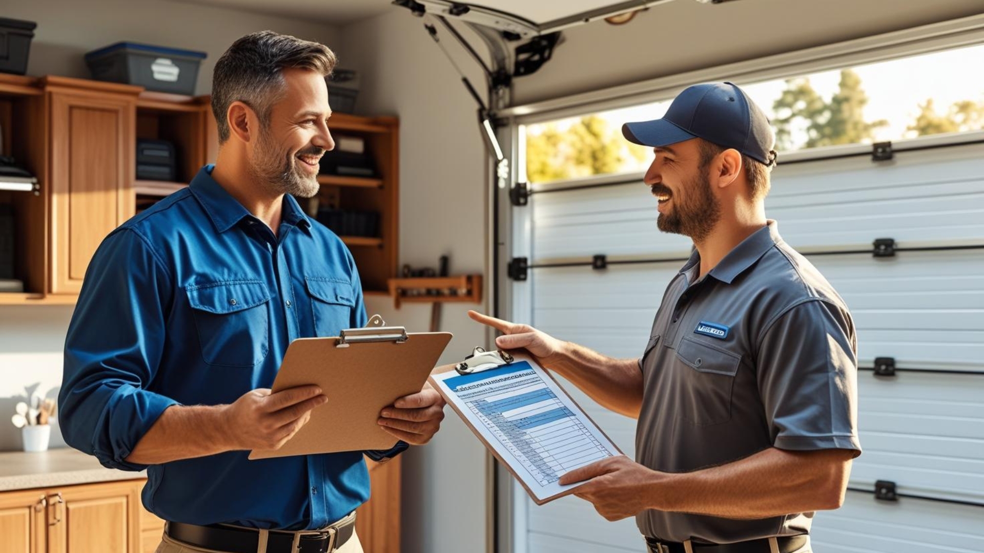A technician discussing a garage opener repair quote with the homeowner