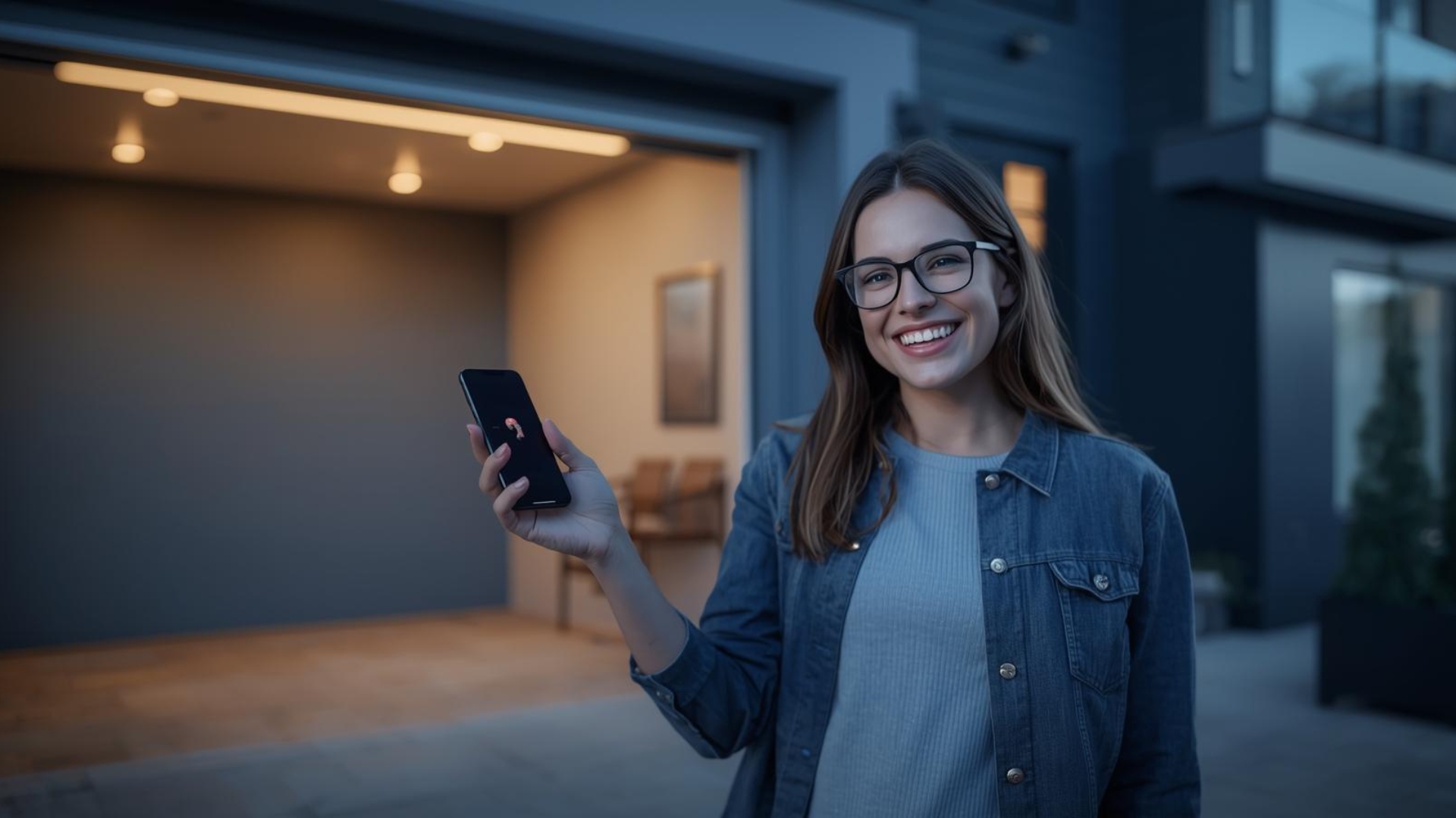 A woman using a smartphone to open a smart garage door hub system