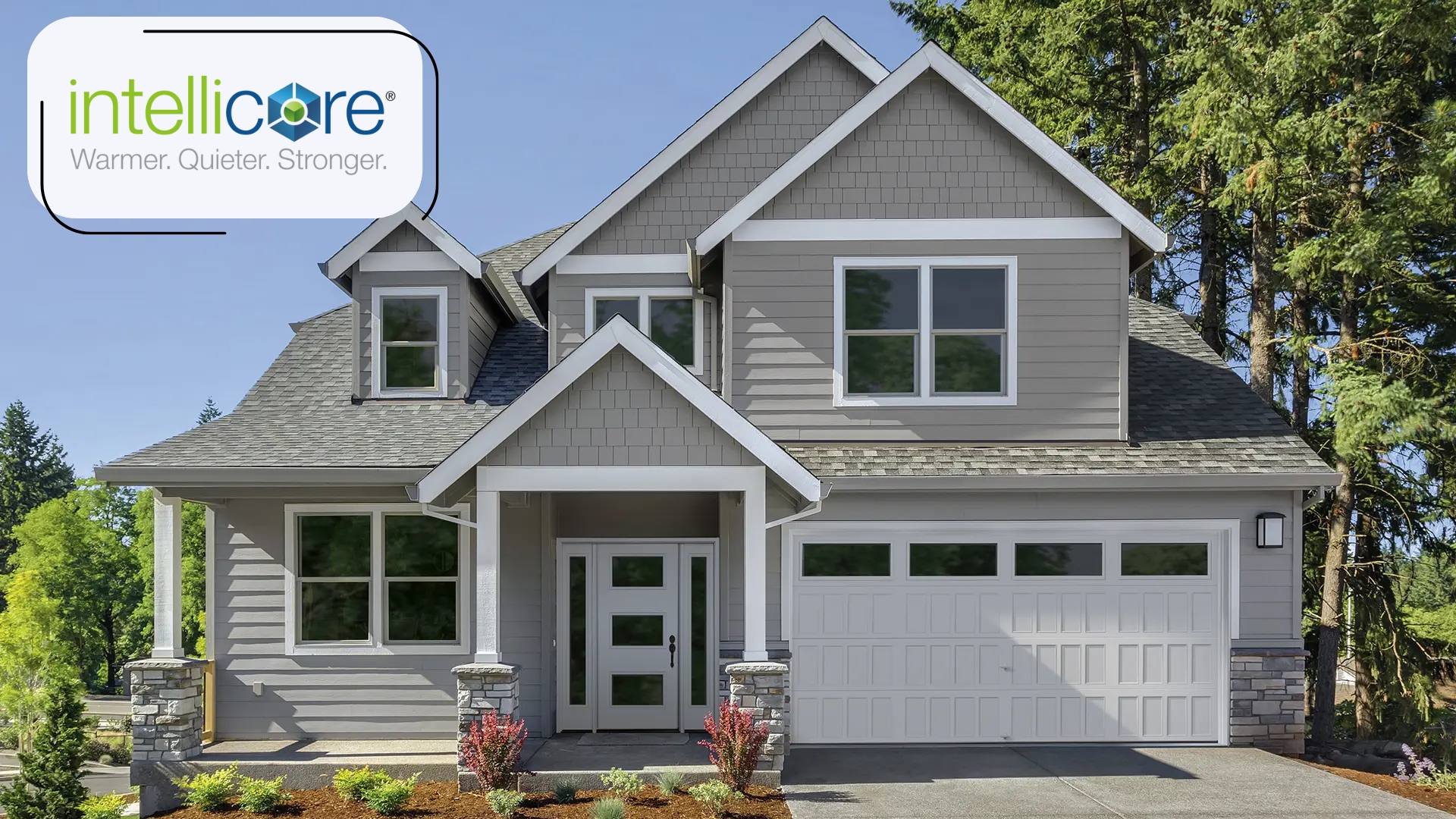 Modern home featuring an insulated Clopay garage door with Intellicore technology