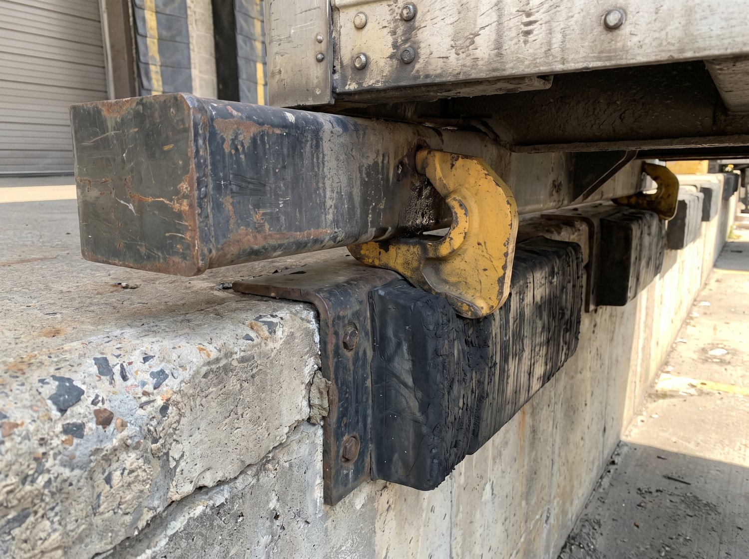 Vehicle restraint hook and dock bumpers on a Houston loading dock edge