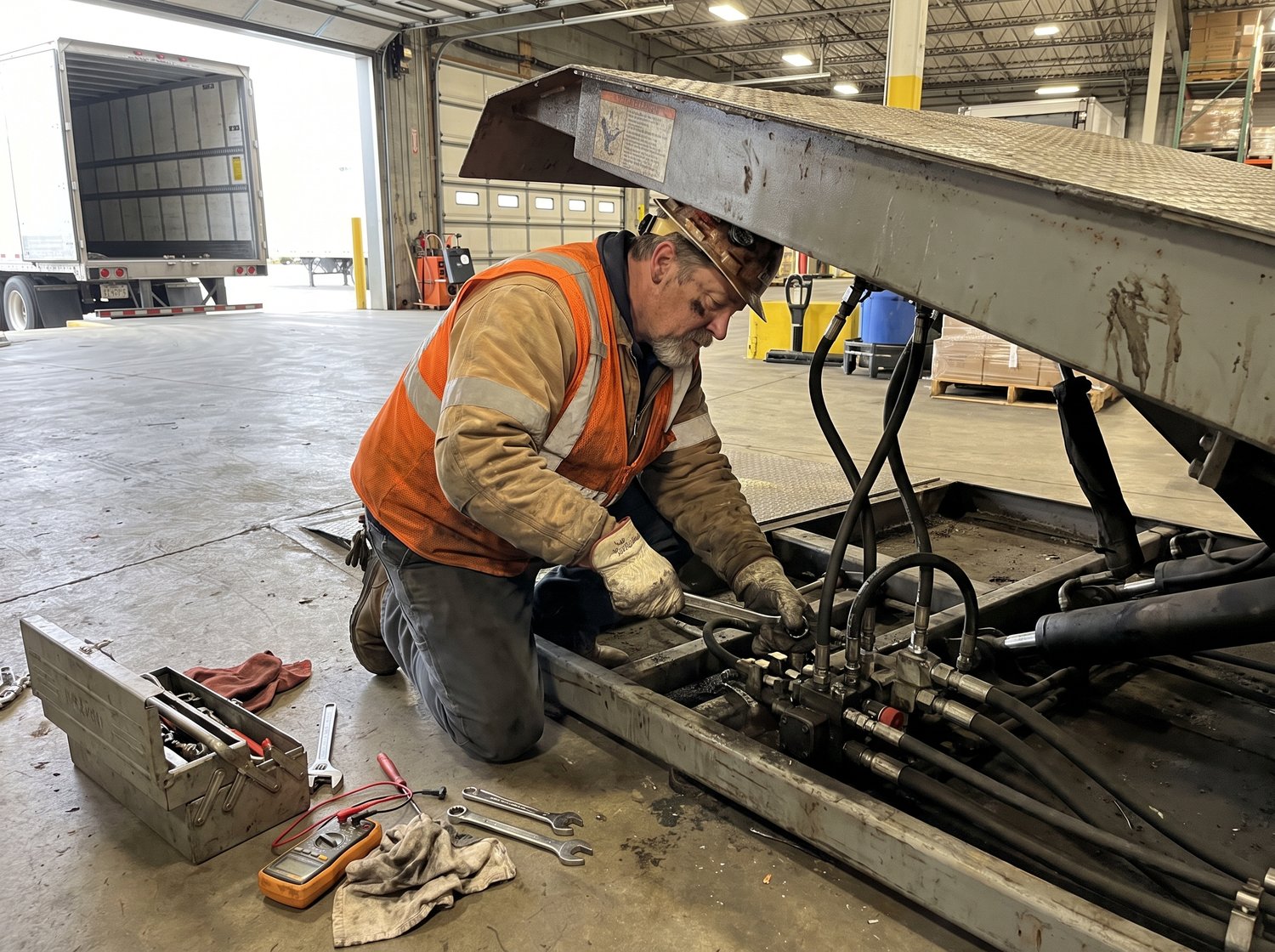 BBM technician repairing the hydraulics of a dock leveler in Houston