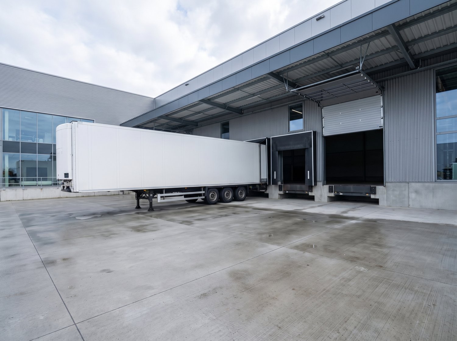 Commercial warehouse loading dock bay with a truck backed in for equipment repair in Houston, TX