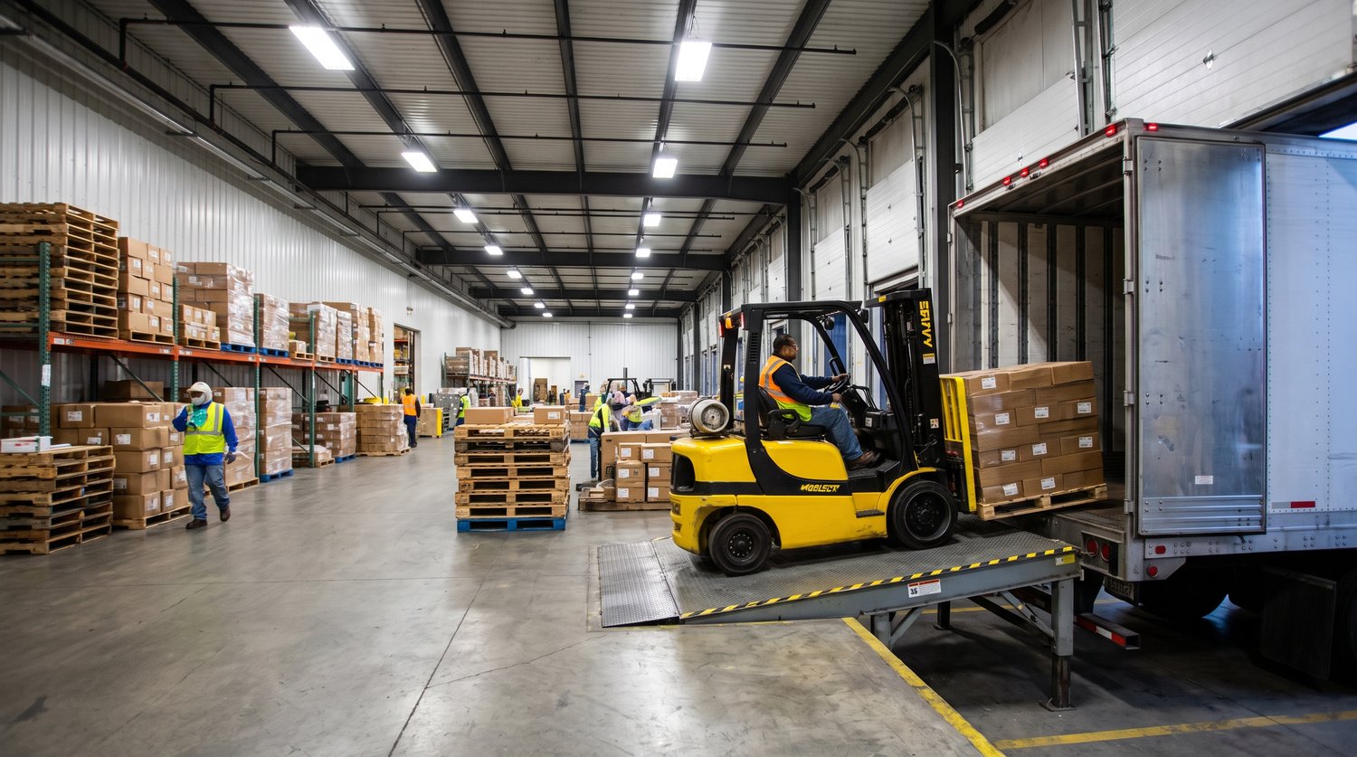 Forklift crossing a dock leveler into a trailer at a busy Houston loading dock