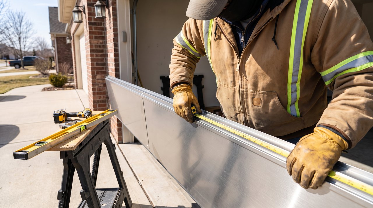Two technicians installing a new steel garage door in a home