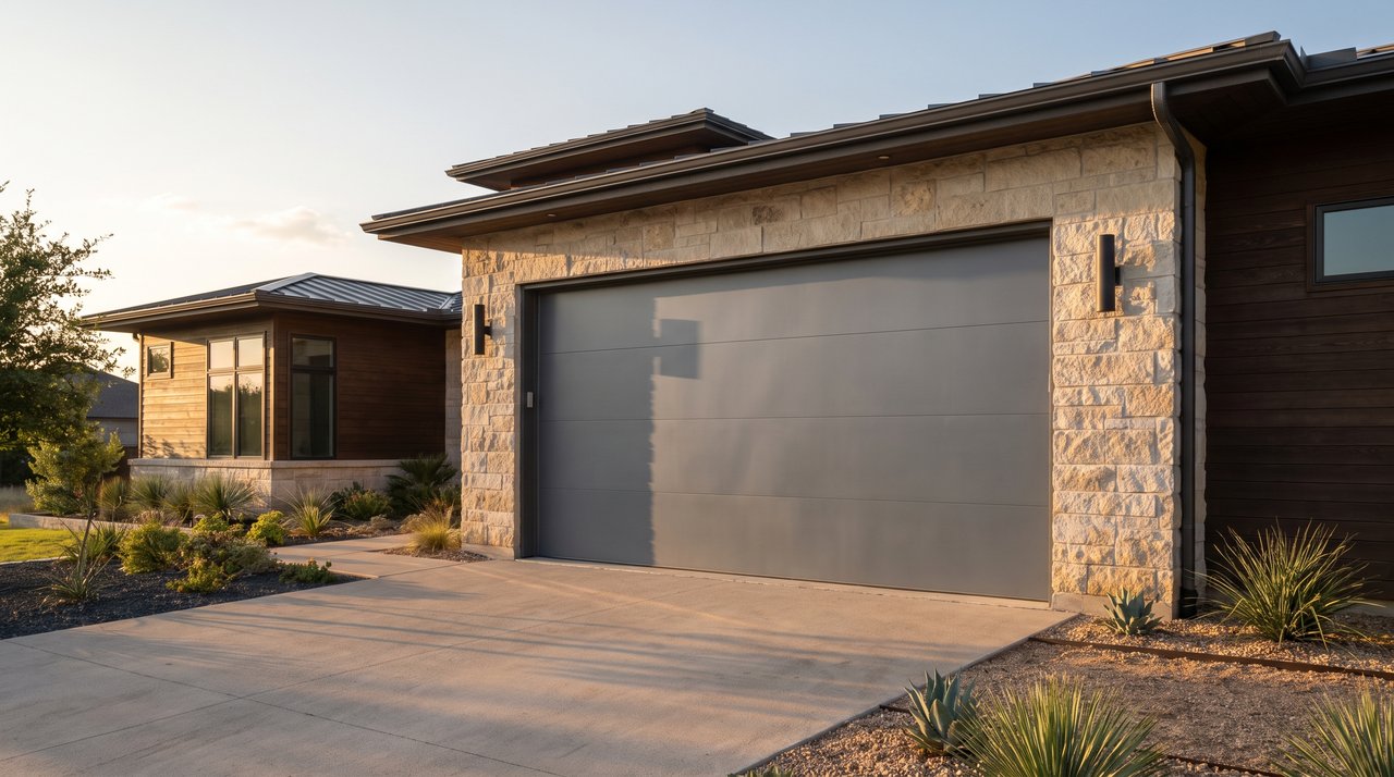 Modern steel garage door with a sleek, minimalist design in a matte gray finish